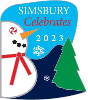 Image of the 2023 Simsbury Cleebrates pin. Snowman and pine tree on a blue background.
